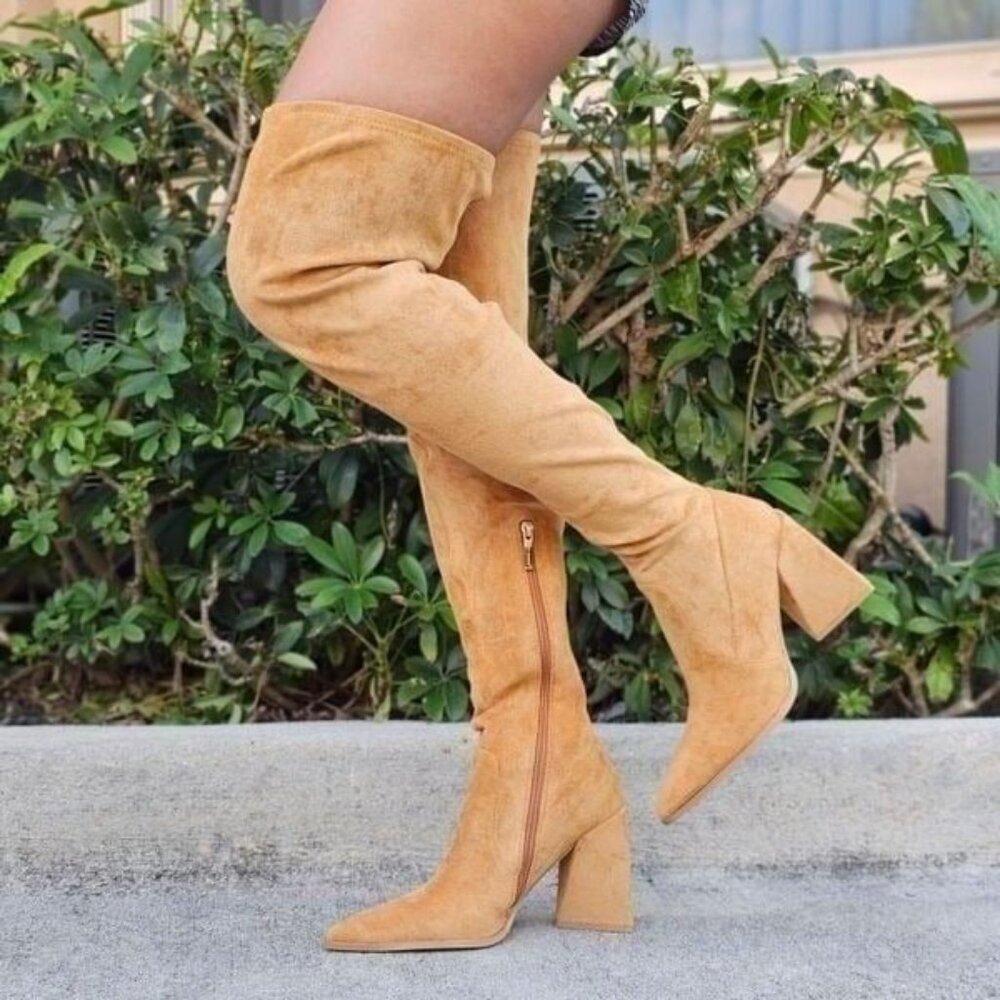 Women's Tan Over The Knee pointed Chunky Block Heel Boots
